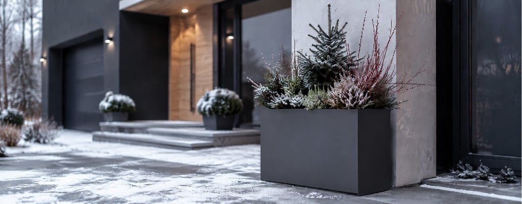 Moderner anthrazitfarbener Pflanzkübel mit winterlicher Bepflanzung vor einem Hauseingang