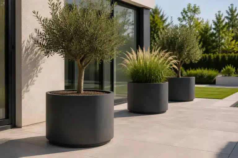 XXL runder Pflanzkübel aus Aluminium in Anthrazit auf moderner Terrasse mit Olivenbaum