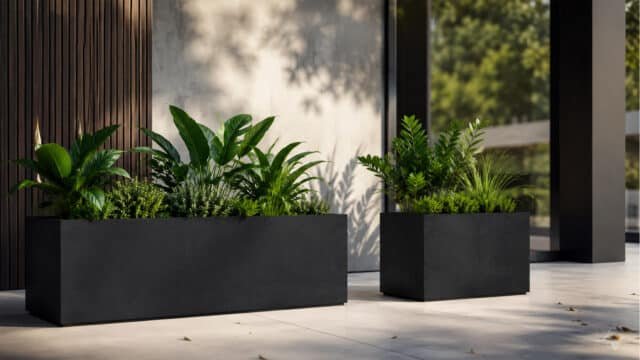 Pflanzkübel mit üppigen grünen Pflanzen auf einer stilvollen Terrasse