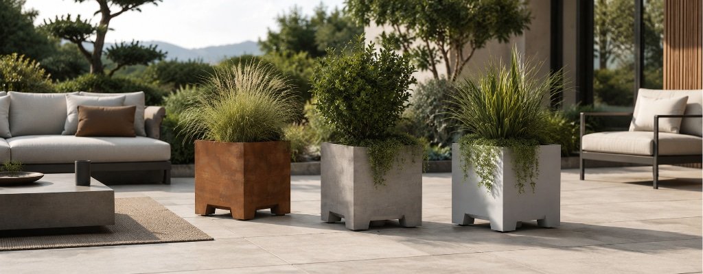 Drei quadratische Pflanzkübel aus Cortenstahl, grauem Beton und weißem Aluminium mit passenden Grünpflanzen auf einer modernen Terrasse