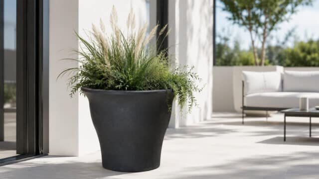 Schwarzer Beton-Pflanzkübel mit Ziergräsern und grünen Pflanzen auf einer hellen modernen Terrasse