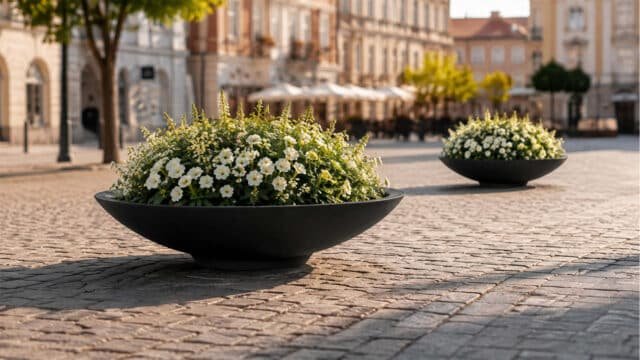 Pflanzkübel aus Polymerbeton mit verschiedenen Ziergräsern in einem modernen Park