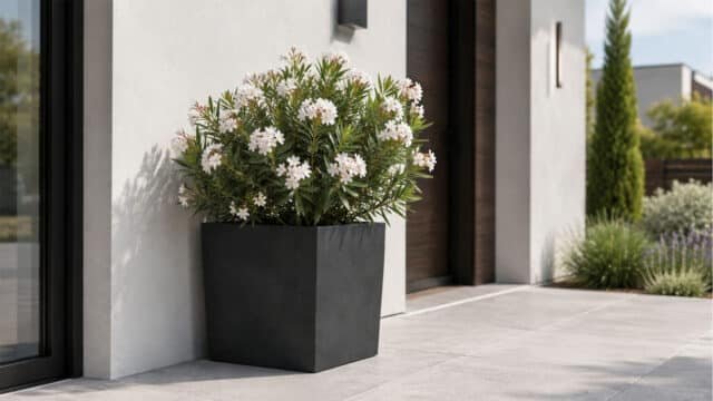 Pflanzkübel mit blühendem Oleander an einer hellen Hauswand