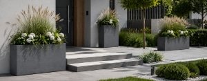 Pflanzkübel mit Ziergräsern, weißen Blüten und grünen Pflanzen rund um einen modernen Eingangsbereich
