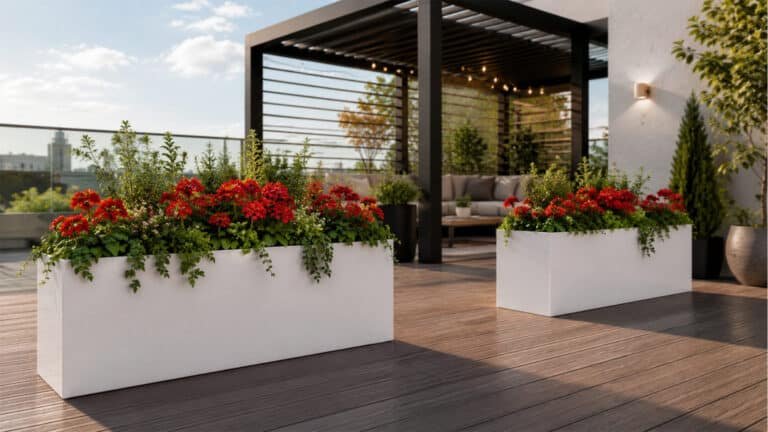 Pflanzkübel mit roten Blüten und grüner Bepflanzung auf einer modernen Terrasse mit Pergola im Hintergrund