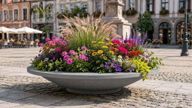 Pflanzschale mit bunten Blumen und Ziergräsern auf einem städtischen Marktplatz