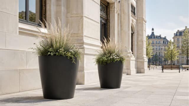Betonpflanzkübel auf einem Stadtplatz neben einem öffentlichen Gebäude, bepflanzt mit passenden Zierpflanzen