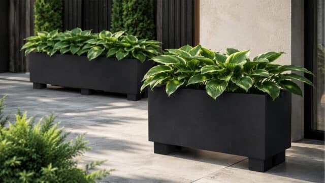 Pflanzkübel mit üppigen Funkien auf einer modernen Terrasse