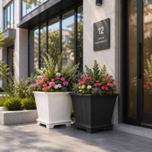 Zwei Fiberglas-Pflanzkübel in Weiß und Schwarz mit bunter Blumenbepflanzung vor einem modernen Apartmentgebäude