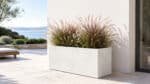 Fiberglas-Pflanzkübel in Betonoptik mit farbigem Ziergras auf einer hellen, sonnigen Terrasse