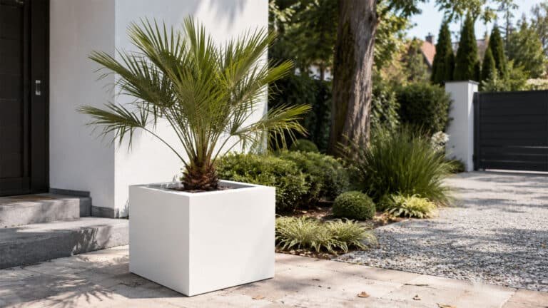 Weißer quadratischer Fiberglas-Pflanzkübel mit kleiner Palme neben der Einfahrt in einem hellen, modernen Garten