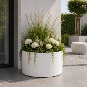 Weißer runder Pflanzkübel mit hohen Ziergräsern, weißen Blüten und hängenden Grünpflanzen auf einer modernen Terrasse