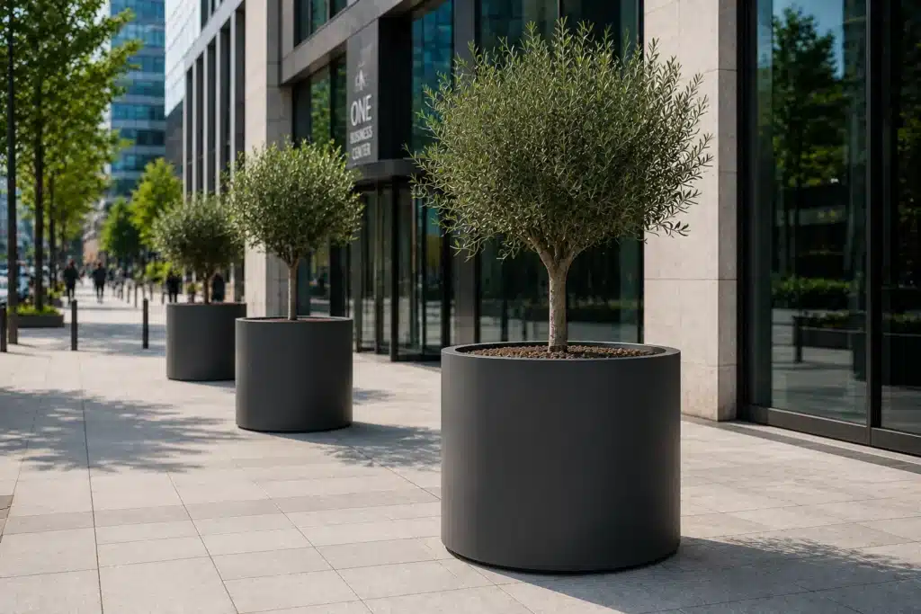 Pflanzkübel Aluminium Rund XXL – Große Modelle für Terrasse und Garten 1 XXL Pflanzkuebel aus Aluminium im urbanen Aussenbereich XXL runde Pflanzkübel aus Aluminium in Anthrazit vor modernem Bürogebäude in der Stadt