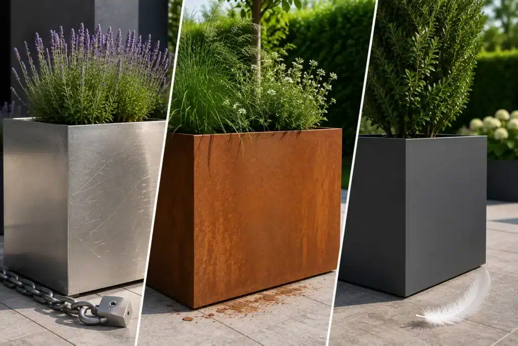Pflanzkübel aus Edelstahl, Cortenstahl und Aluminium als moderne Lösungen für Garten und Terrasse.