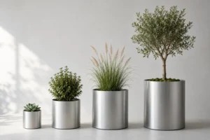 Vier Aluminium-Pflanzgefäße in verschiedenen Größen mit Sukkulente, Strauch, Ziergras und kleinem Baum.