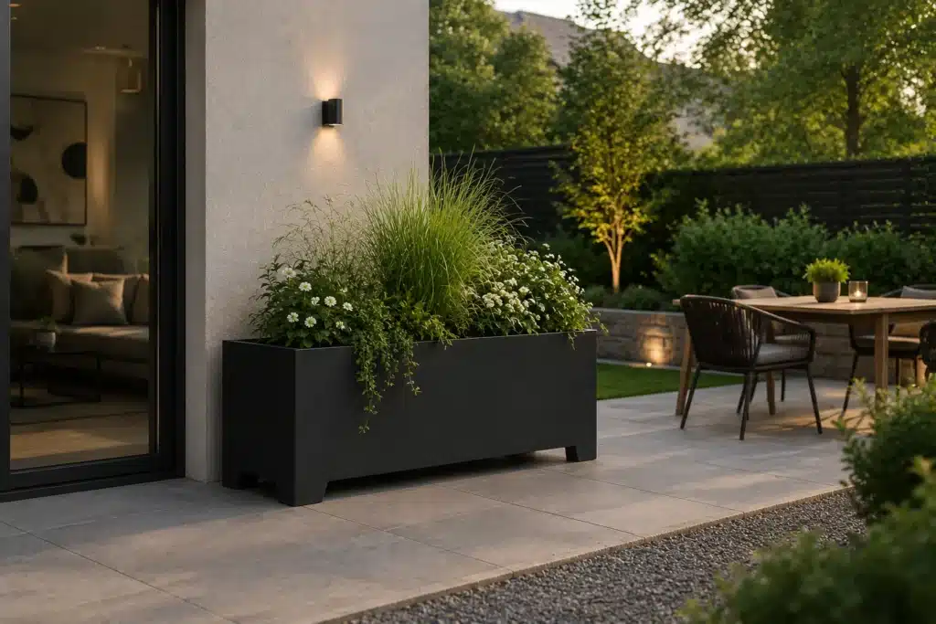 Anthrazit Pflanzkübel mit Füßen aus Aluminium auf moderner Terrasse