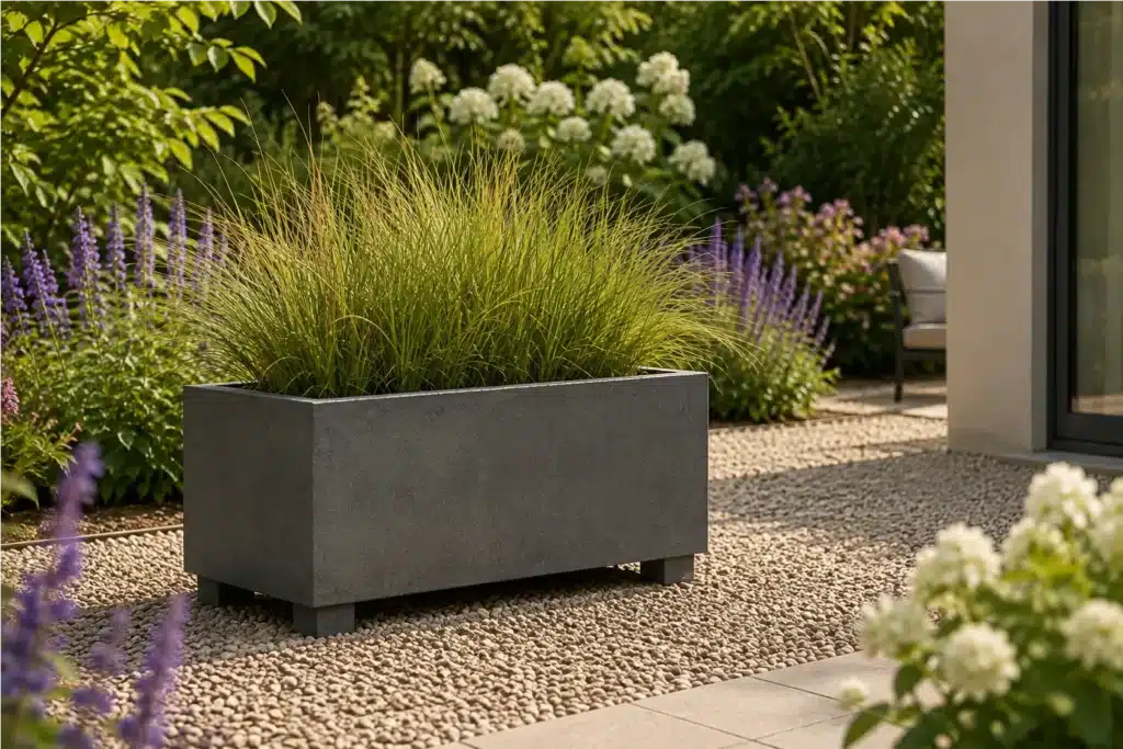 Beton Pflanzkübel mit Füßen und Ziergras im Garten