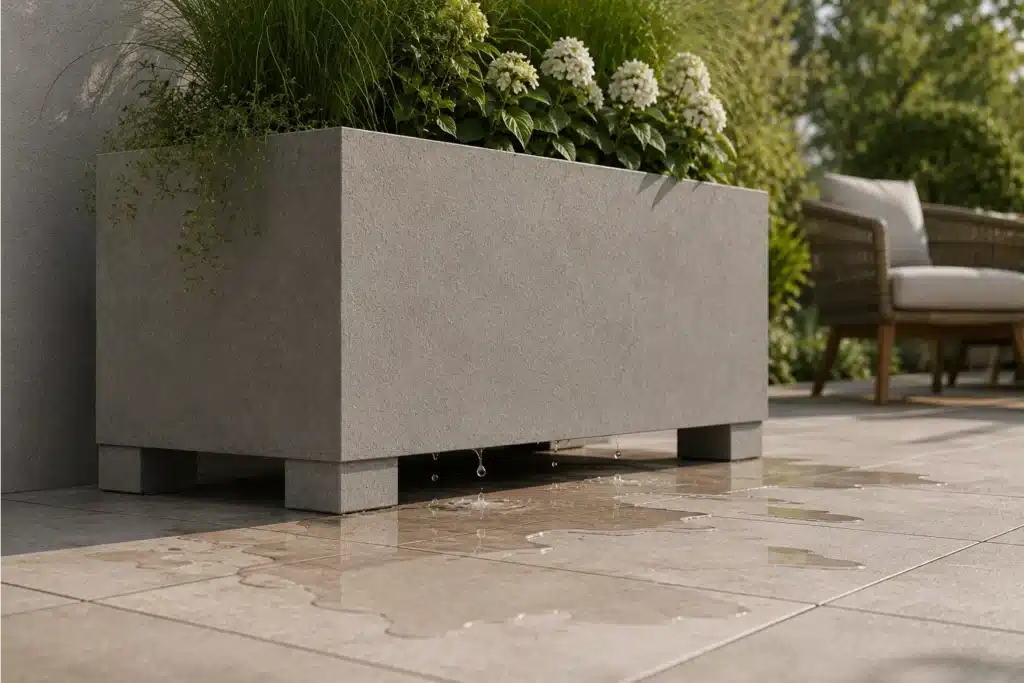 Beton Pflanzkübel mit Füßen für freien Wasserablauf auf der Terrasse