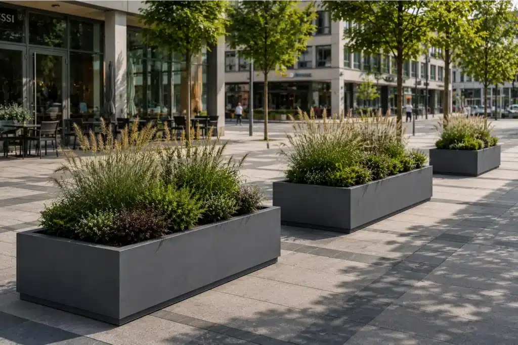 Rechteckige Betonpflanzkübel mit Gräsern und Stauden auf einem öffentlichen Stadtplatz