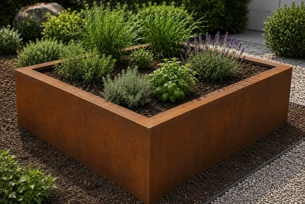 Pflanzkübel ohne Boden aus Cortenstahl als Hochbeet mit Kräutern im Garten