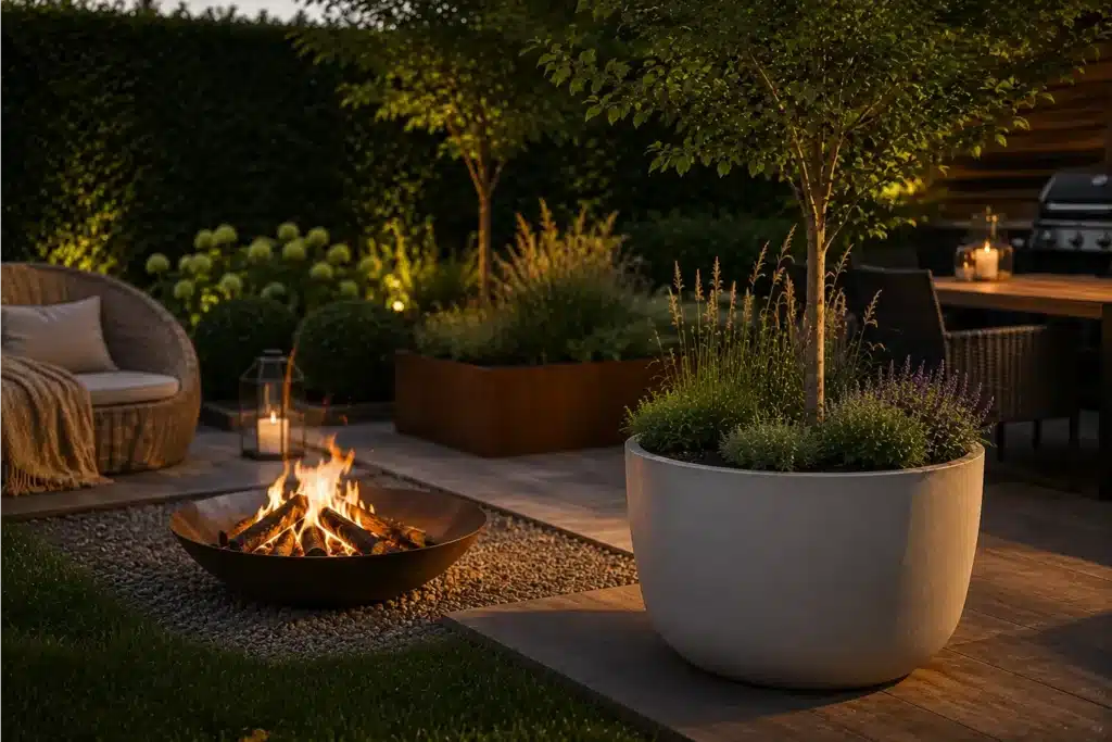 Fiberglas-Pflanzkübel auf einer Terrasse mit Abstand zu einer brennenden Feuerschale