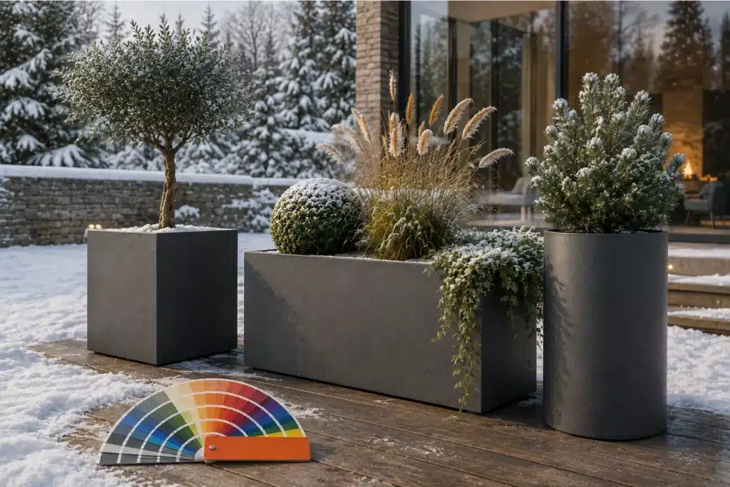 Frostbeständige Fiberglas Pflanzkübel XXL mit Bepflanzung im winterlichen Außenbereich