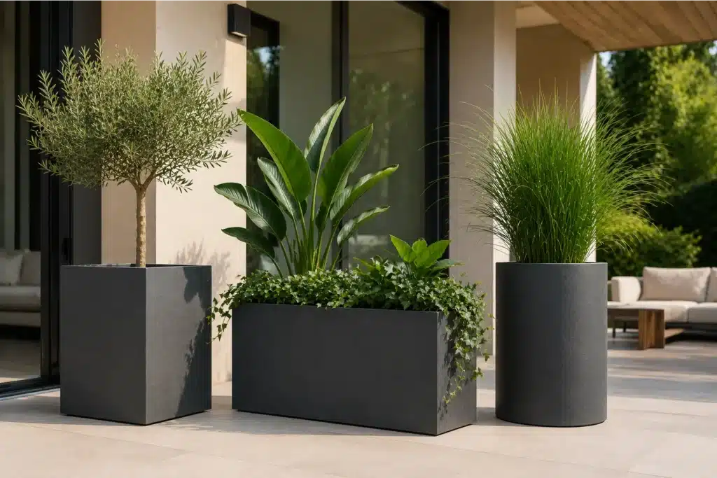 Große Fiberglas Pflanzkübel XXL in quadratischer, rechteckiger und runder Form auf einer modernen Terrasse