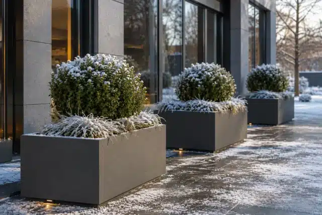 Frostbeständige Pflanzkübel vor einem modernen Gebäude im Winter mit schneebedeckter Bepflanzung.