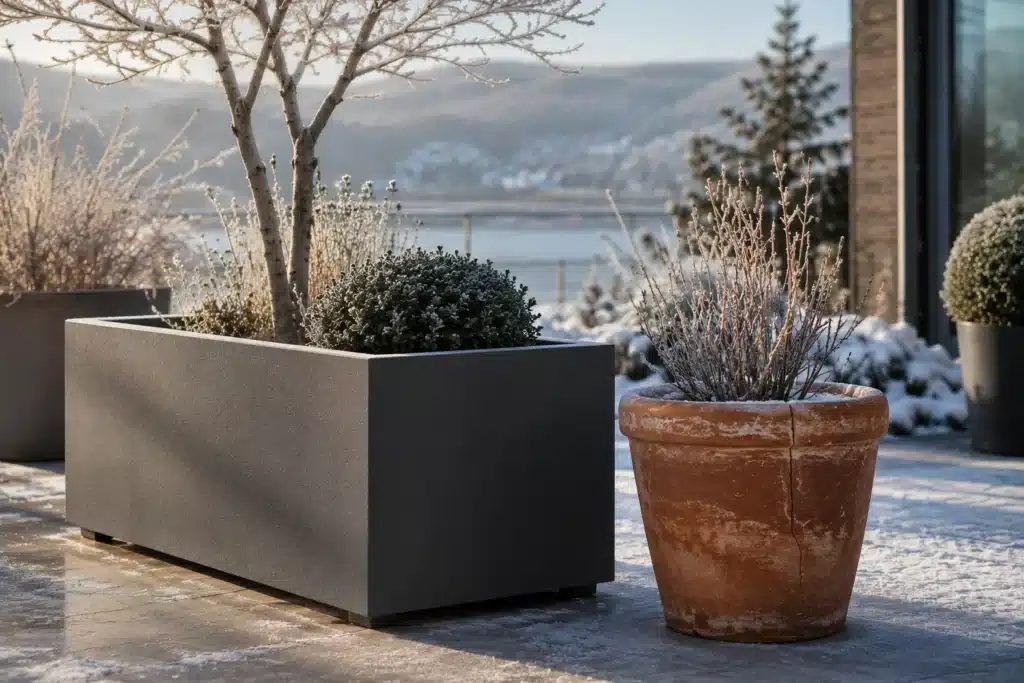 Frostbeständiger Pflanzkübel und gerissener Terrakotta-Topf im Winter