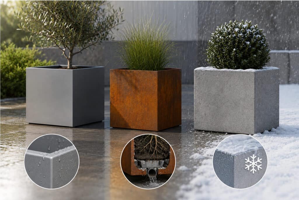 Wetterfeste und frostsichere Pflanzgefäße aus Aluminium, Cortenstahl und Fiberglas mit funktionierendem Drainagesystem.