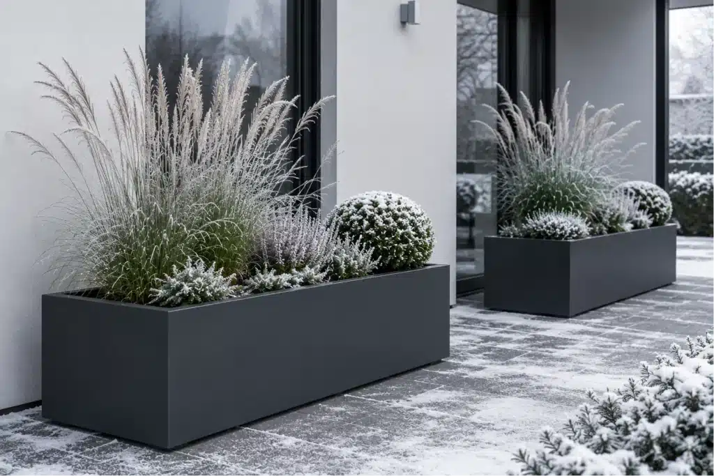 Große Aluminium-Pflanzkübel in Anthrazit mit winterlicher Bepflanzung bei Frost und Schnee