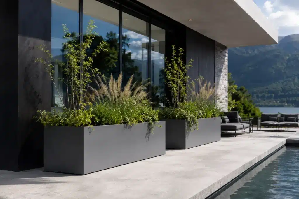 Große Aluminium-Pflanzkübel mit Gräsern und Sträuchern an einem modernen Außenbereich mit Pool