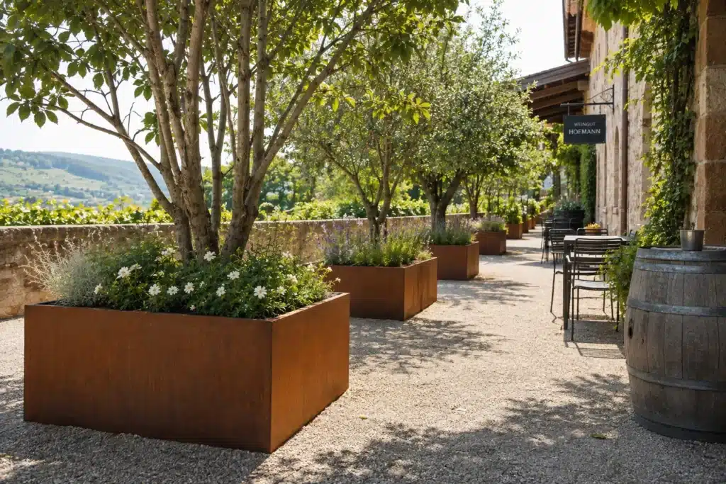 Große Cortenstahl-Pflanzkübel mit Bäumen auf einer stilvollen Hotel- und Restaurantterrasse im mediterranen Ambiente