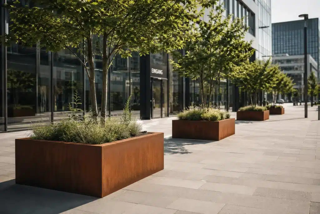 Großformatige Cortenstahl-Pflanzkübel mit Bäumen auf einer modernen urbanen Plaza vor Bürogebäuden