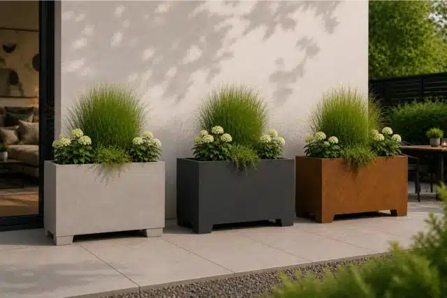Große Pflanzgefäße auf Füßen für moderne Gartengestaltung