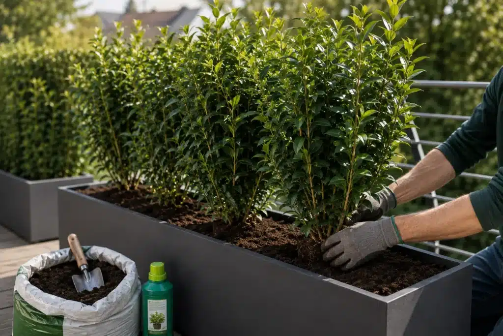 Dichte Sichtschutzpflanzen werden eng nebeneinander in einen hohen Pflanzkübel auf der Terrasse gepflanzt.