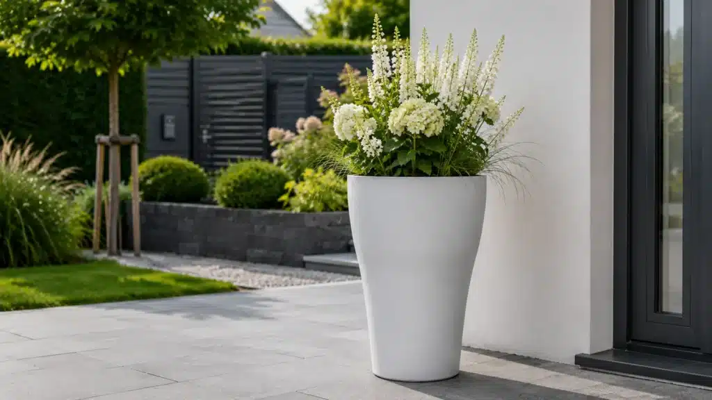     Hoher weißer Pflanzkübel aus Beton mit weißen Blumen im modernen Eingangsbereich
