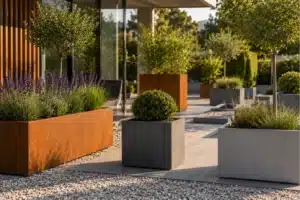 Maßgefertigte Pflanzkübel aus Cortenstahl, Aluminium und Fiberglas in einem modern gestalteten Garten mit Terrasse.