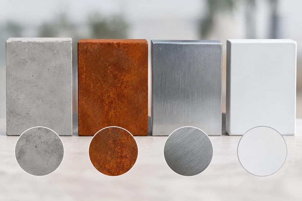 Aluminium, Cortenstahl und Fiberglas in Betonoptik als Materialbeispiele für individuelle Sonderanfertigungen.
