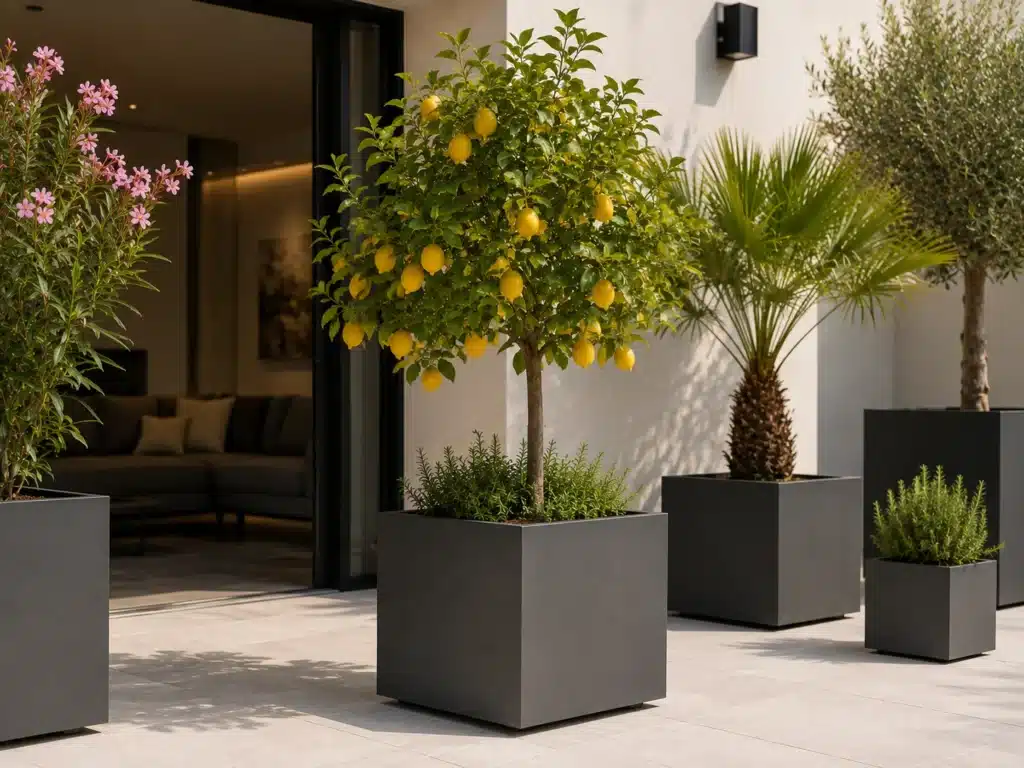 Mediterrane Pflanzen in Pflanzkübeln mit verdeckten Rollen auf der Terrasse