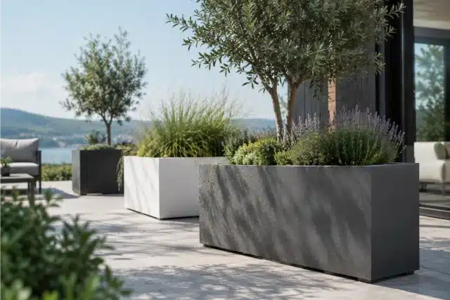 Große moderne Pflanzkübel auf einer stilvoll gestalteten Terrasse