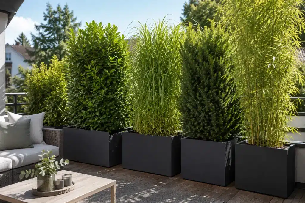 Terrasse mit verschiedenen Sichtschutzpflanzen in großen Pflanzkübeln, darunter immergrüne Gehölze, Ziergräser und Bambus.