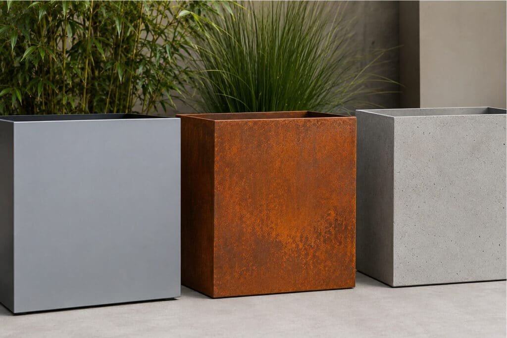 Pflanzgefäße aus Aluminium, Cortenstahl und Fiberglas in Betonoptik als Beispiele für verschiedene Materialien.