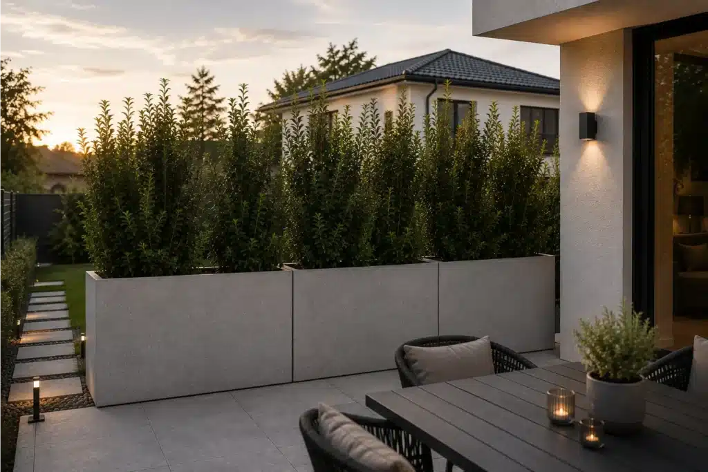 Hohe Pflanzkübel in Betonoptik mit immergrünen Sträuchern als Sichtschutz auf der Terrasse