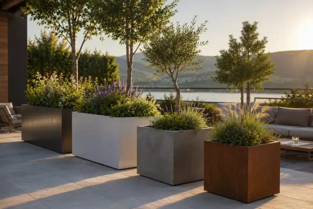Pflanzkübel aus Aluminium, Fiberglas, Beton und Cortenstahl auf moderner Terrasse