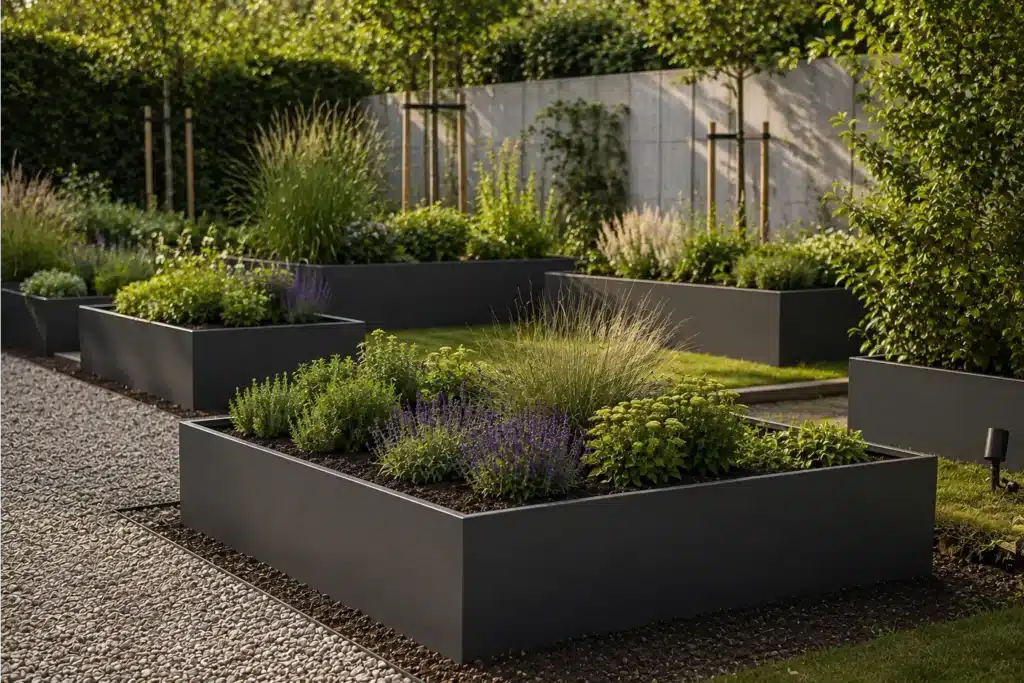 Verschiedene Pflanzkübel aus Aluminium mit Stauden und Gräsern in einem modernen Garten