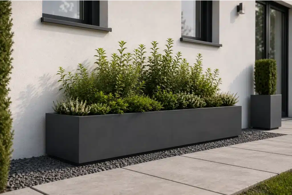 Großer rechteckiger Pflanzkübel aus Beton mit grüner Bepflanzung an einer modernen Hauswand