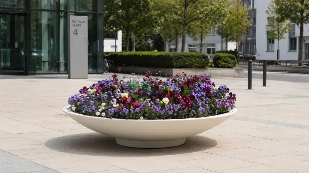 Runder Pflanzkübel aus Beton Agnese mit bunter Blumenbepflanzung
