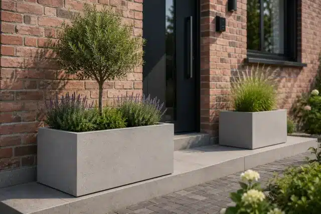 Pflanzkübel in Betonoptik vor einem modernen Hauseingang aus Backstein