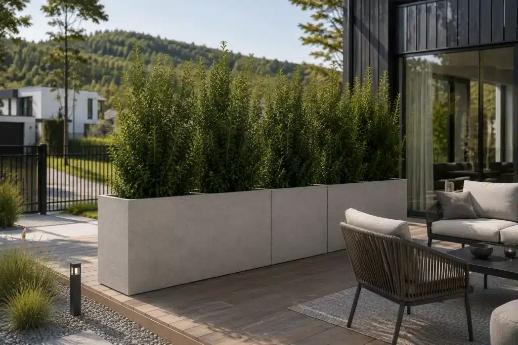 Hohe Pflanzkübel in Betonoptik als Sichtschutz für eine moderne Terrasse